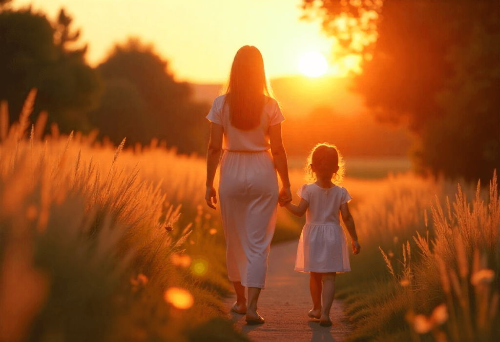 Madre e hija caminando juntas por un camino entre campos al atardecer, como metáfora del viaje emocional de ser madre