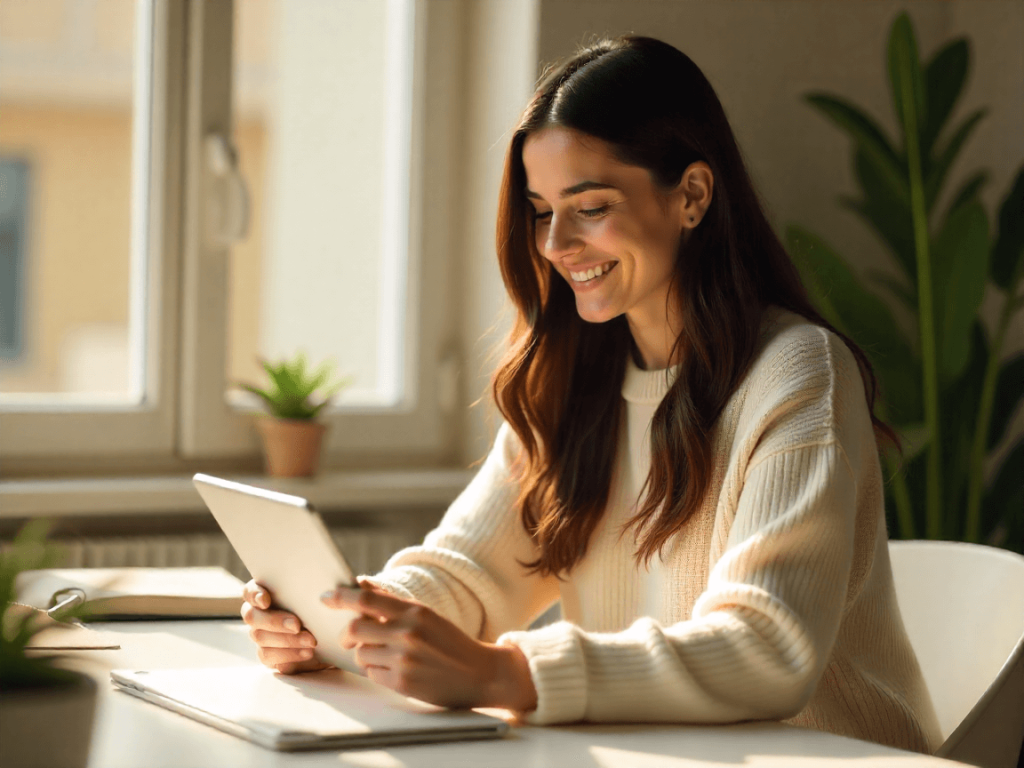 Mujer joven sonriendo mientras estudia con una tablet en casa, rodeada de luz natural. Representa el momento en que algo hace clic, el aprendizaje útil y la claridad que llega al formarse con propósito.