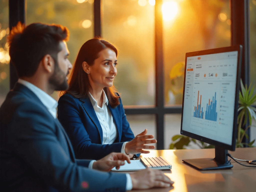 quipo de trabajo en formación profesional sobre automatización con inteligencia artificial, con gráficos de resultados visibles en pantalla.
