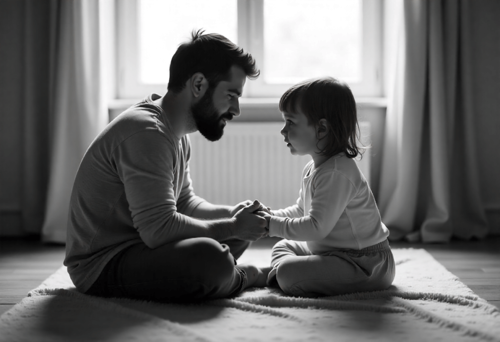 Padre español arrodillado frente a su hija pequeña en una escena íntima en blanco y negro, símbolo de comprensión y vínculo emocional