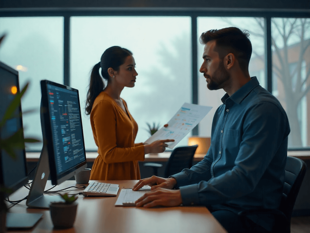 Mujer entregando informe a compañero en oficina con ordenadores encendidos, símbolo del caos digital que soluciona el curso Automation Manager de Buildt Academy mediante automatización e IA.