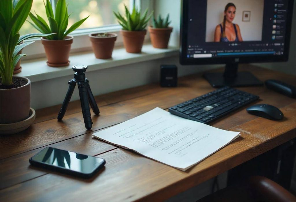 Escritorio con cámara y libreta, preparado para grabar vídeos, como símbolo del trabajo constante de un creador de contenido