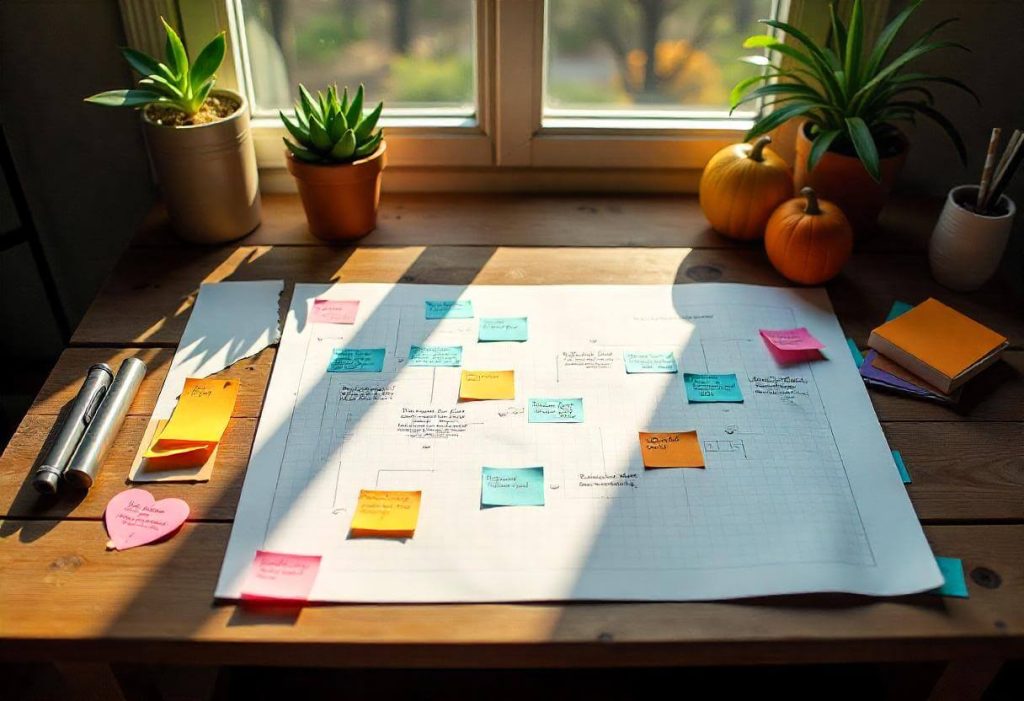 Escritorio iluminado con notas adhesivas y esquema de ideas, simbolizando la planificación estratégica de un canal de YouTube