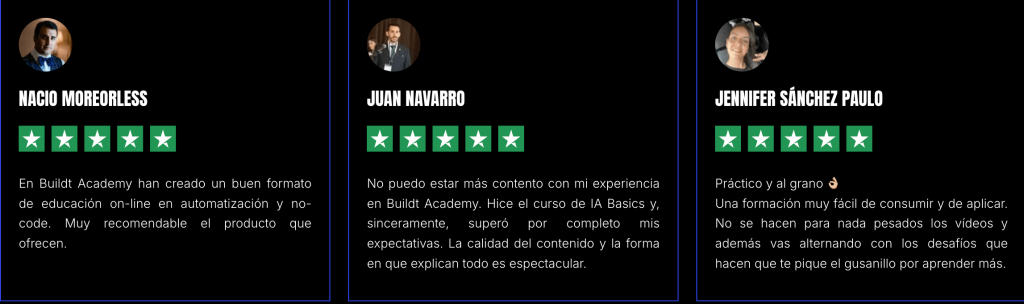 Valoraciones verificadas sobre la formación en automatización y no-code de Buildt Academy: práctica, fácil de aplicar y con contenido de calidad.