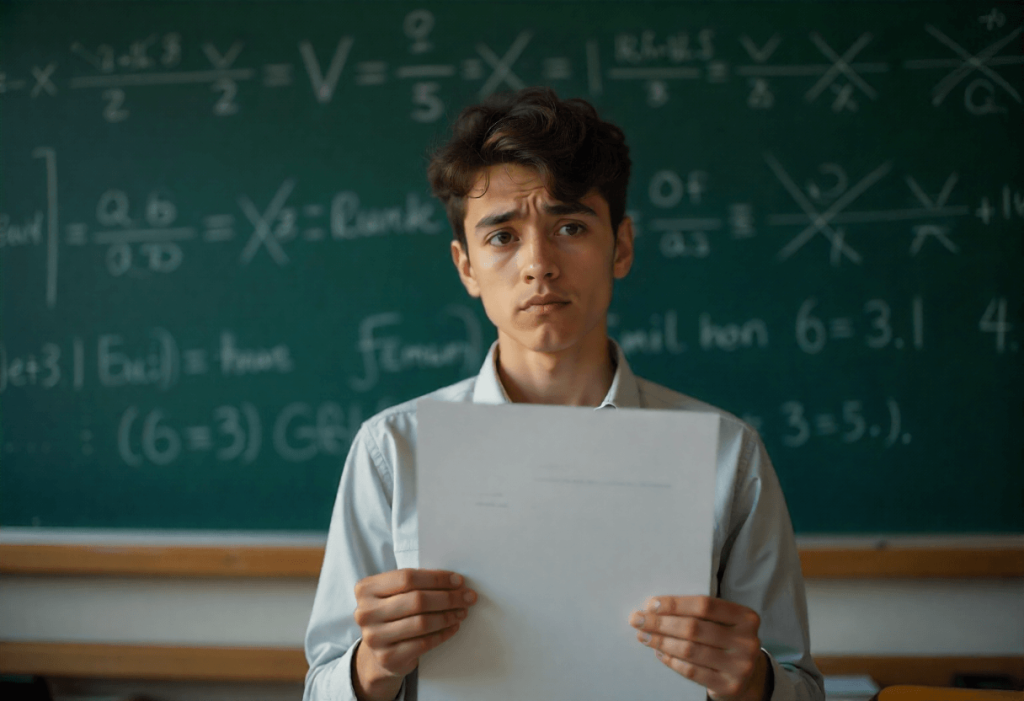 Joven con gesto de confusión frente a una pizarra llena de fórmulas, simbolizando la falta de habilidades prácticas que OffLesson busca resolver