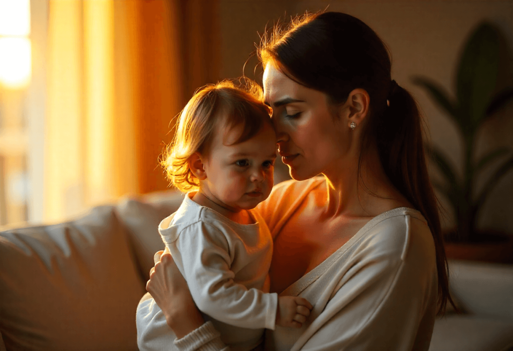 Madre española abrazando con ternura a su bebé en casa al atardecer, reflejando el vínculo emocional de la maternidad real
