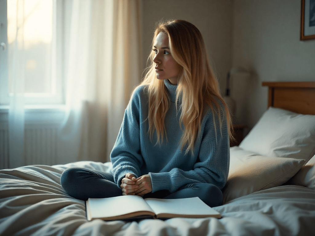 Mujer joven sentada en la cama al amanecer, con expresión reflexiva, libreta abierta frente a ella. Representa el bloqueo mental, el peso emocional y la búsqueda de claridad cuando no sabes por dónde empezar a mejorar tu vida.