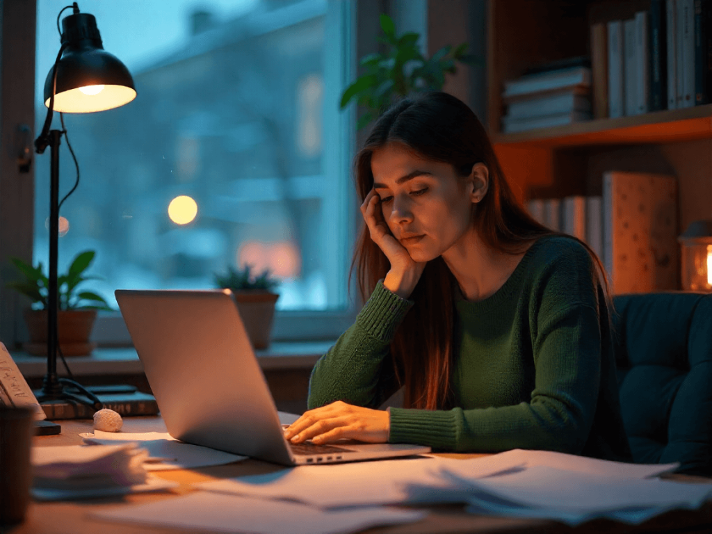 Mujer cansada estudiando de noche con portátil en casa, rodeada de papeles y luz cálida. Representa el agotamiento emocional y la idea de que formarse puede ser una forma de autocuidado y recuperar el foco.