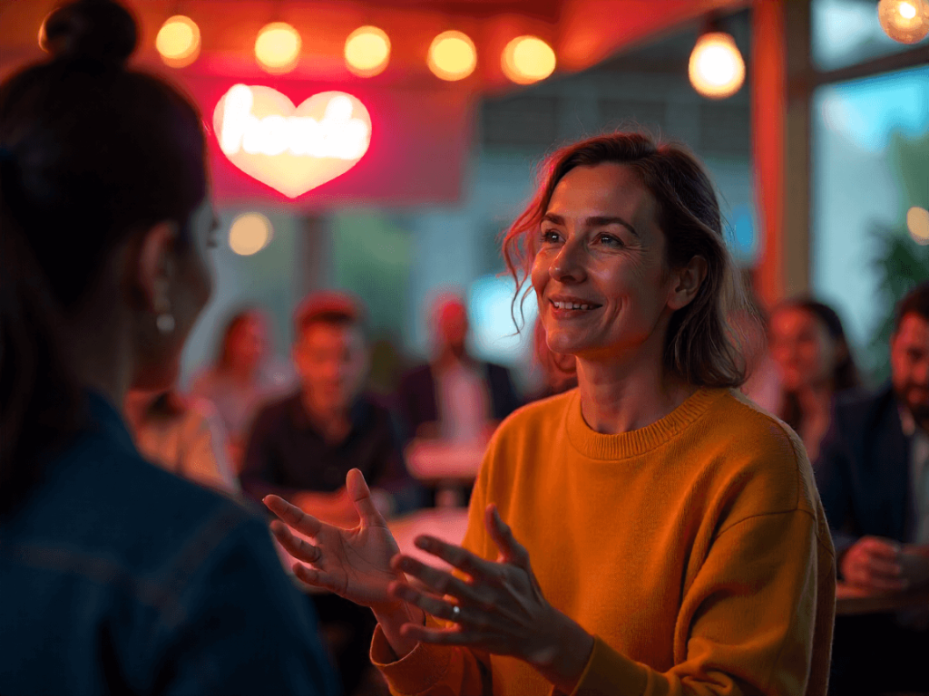 Personas españolas conversando con naturalidad, practicando habilidades de venta sin presión