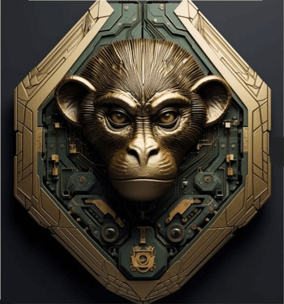 Cabeza de mono dorado con circuitos tecnológicos como metáfora visual del análisis crítico en el curso Ecosistema Financiero