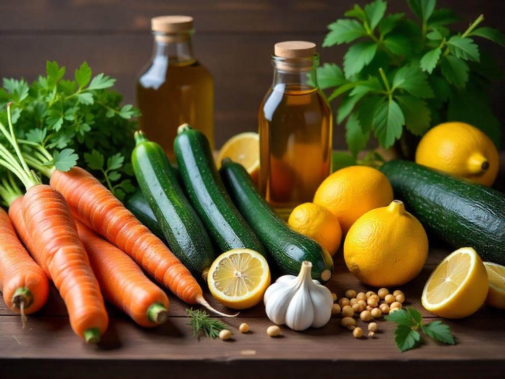 Ingredientes naturales como base del Método S.A.N.O.: calabacines, zanahorias, limón, ajo, perejil y aceite de oliva sobre una mesa de madera