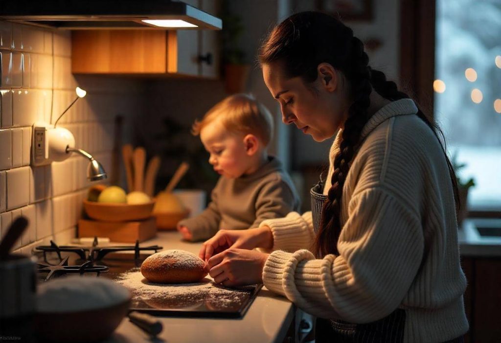 Mujer cocinando con su hijo en una cocina hogareña durante el invierno