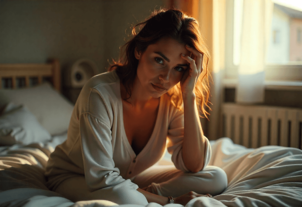 Madre española joven sentada en la cama al amanecer, con gesto de agotamiento mental y físico tras cuidar de su bebé, reflejando la carga emocional de la maternidad