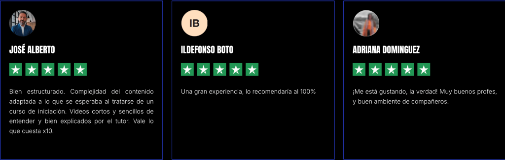 Opiniones reales de alumnos de Buildt Academy que valoran positivamente la estructura, claridad y experiencia del curso Automation IA Manager.