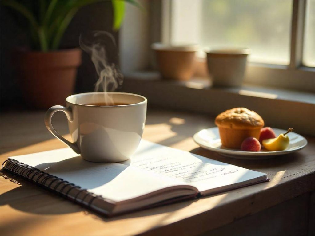 Taza de café caliente sobre un cuaderno con muffin y fruta en la ventana: un momento de autocuidado y reflexión