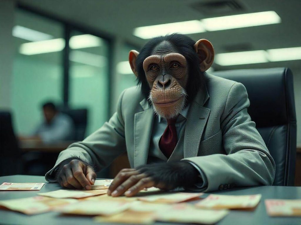 Chimpancé con traje en una sala de reuniones rodeado de billetes, simbolizando decisiones financieras e inversión con riesgo
