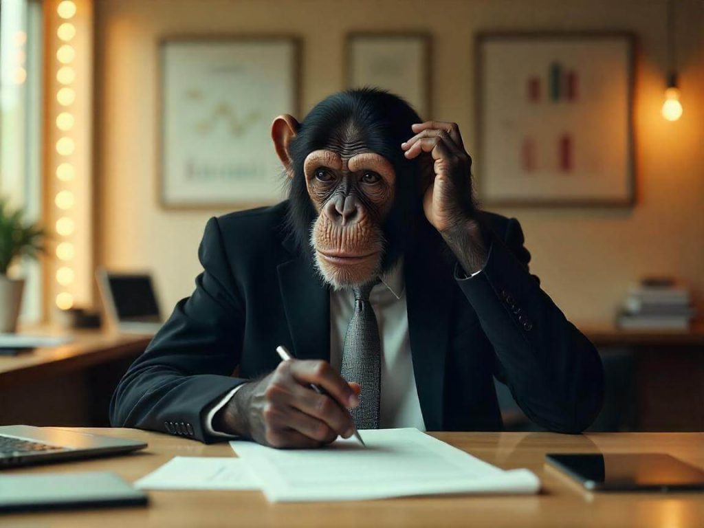 Chimpancé con traje escribiendo en una libreta en un despacho moderno, representando análisis personal y toma de decisiones