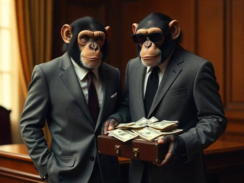 Dos monos con traje y maletín lleno de billetes representando pagos alternativos y flexibilidad en la formación Ecosistema Financiero 2.0