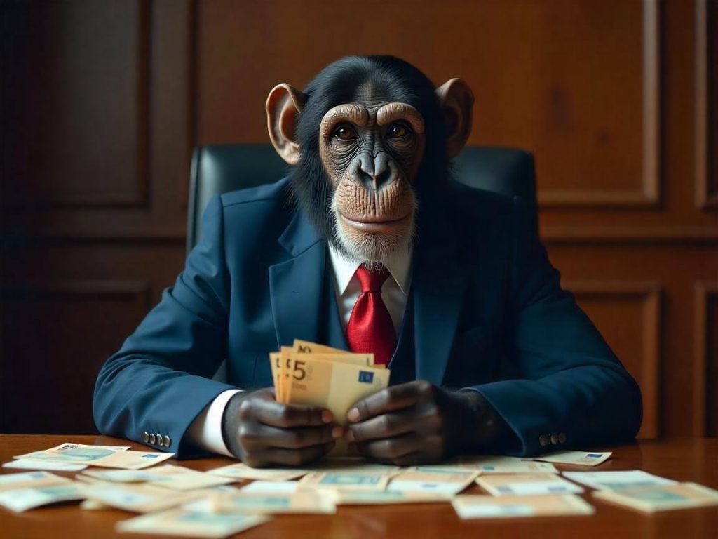 Chimpancé con traje y corbata roja sentado en una mesa llena de billetes, mirando al frente con expresión decidida, simbolizando evaluación financiera y toma de decisiones