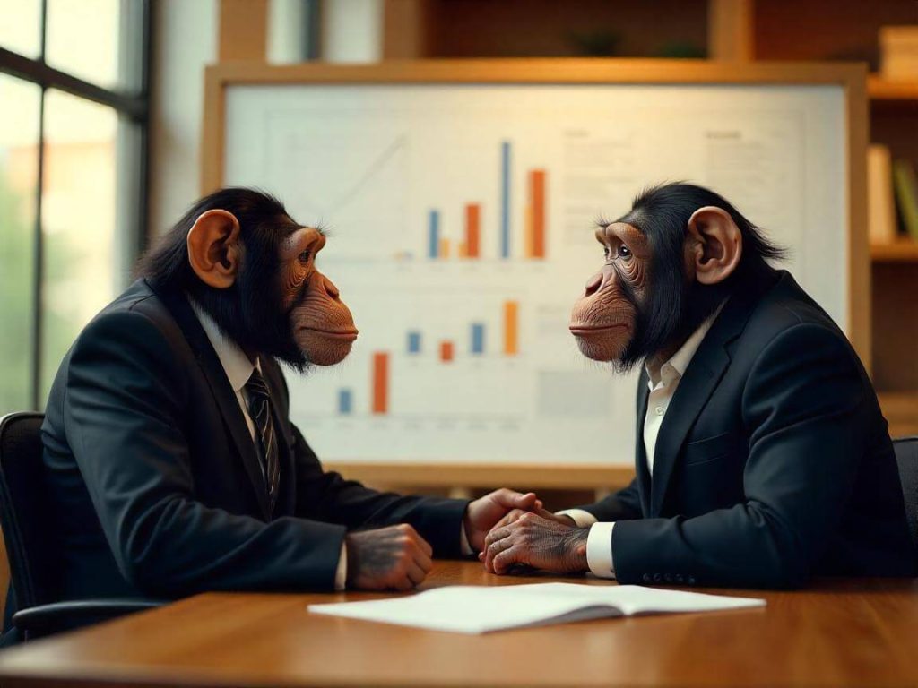 Dos monos trajeados dándose la mano en una oficina, con gráficos financieros al fondo, simbolizando el acompañamiento y soporte personalizado en Ecosistema Financiero 2.0