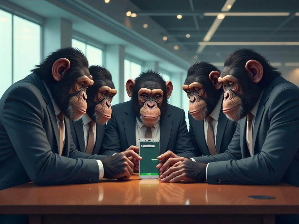 Grupo de monos trajeados analizando una aplicación financiera en una sala de reuniones, metáfora visual del contenido del curso Ecosistema Financiero 2.0