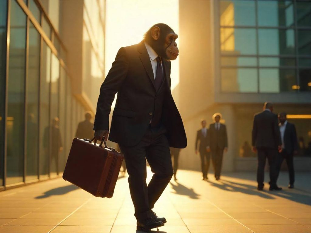 Mono con traje y maletín caminando entre edificios de oficinas al atardecer, símbolo del precio y retorno en Ecosistema Financiero 2.0