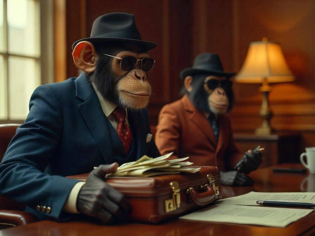 Dos monos con traje y maletín en una reunión de negocios, representando el objetivo del curso Ecosistema Financiero de generar ingresos reales con método