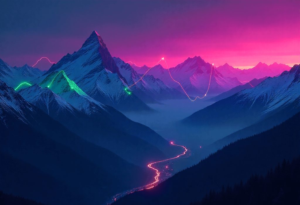 Paisaje de montaña con gráficos digitales, simbolizando el camino de formación para traders reales en Elliott Traders.