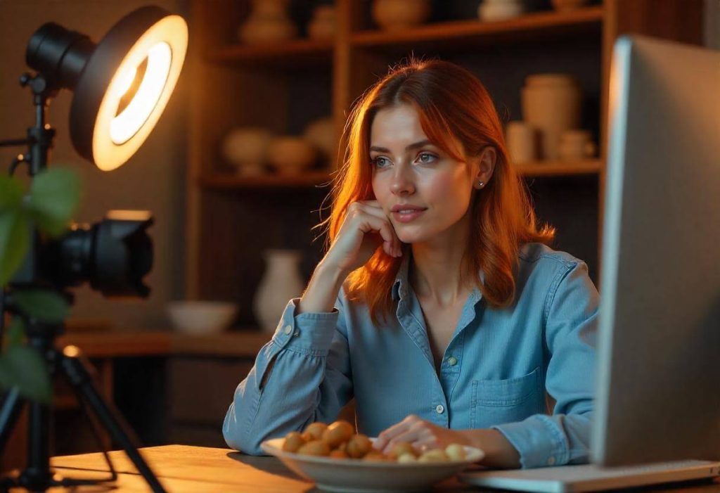 Mujer hablando a cámara en un escritorio acogedor, ideal para representar un canal de YouTube con marca personal