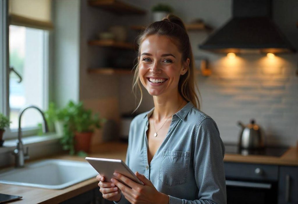 Mujer joven en cocina moderna con una tablet, lista para cocinar.