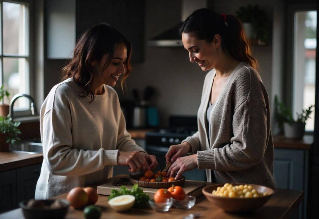 Dos mujeres cocinando verduras en casa con una actitud relajada.