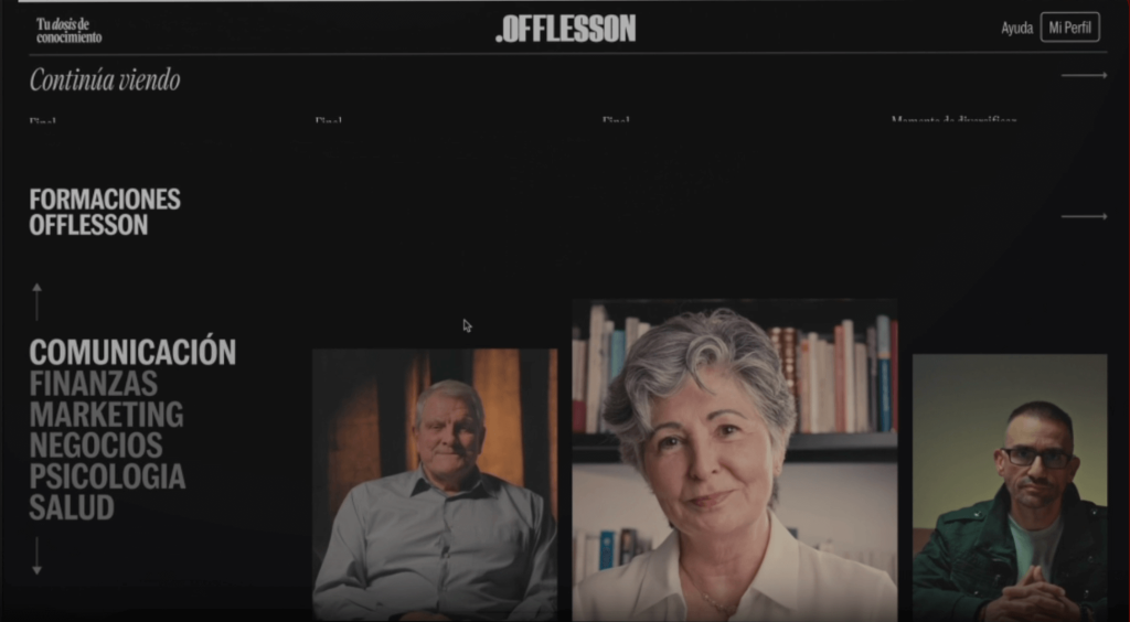 Vista previa de OffLesson por dentro, con profesores reales en pantalla y categorías que enseñan lo que la escuela nunca explicó.