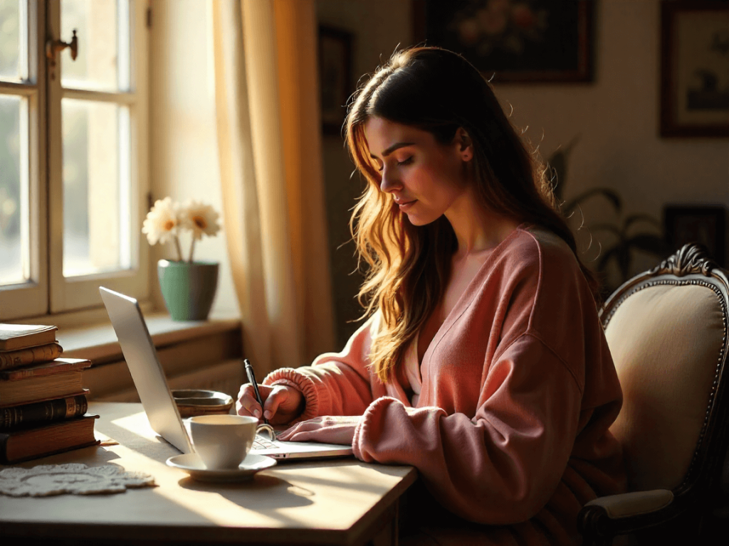 Mujer joven estudiando en casa, escribiendo en una libreta junto al portátil, en una mañana luminosa. Imagen que representa el momento de tomar decisiones, recuperar el control y empezar a formarse para cambiar su situación.