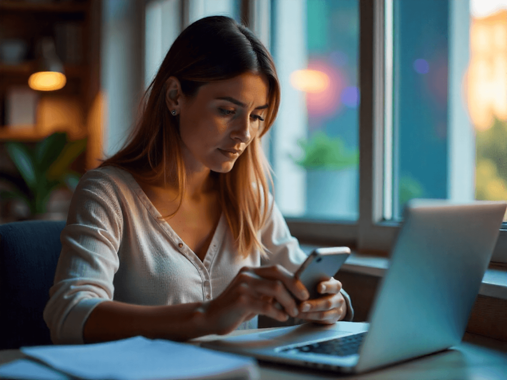 Mujer española analizando noticias en su portátil, desarrollando pensamiento crítico