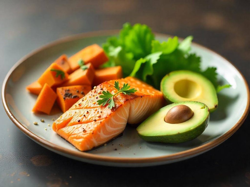 Plato saludable con salmón, aguacate, boniato al horno y hojas verdes: ejemplo de comida nutritiva y equilibrada
