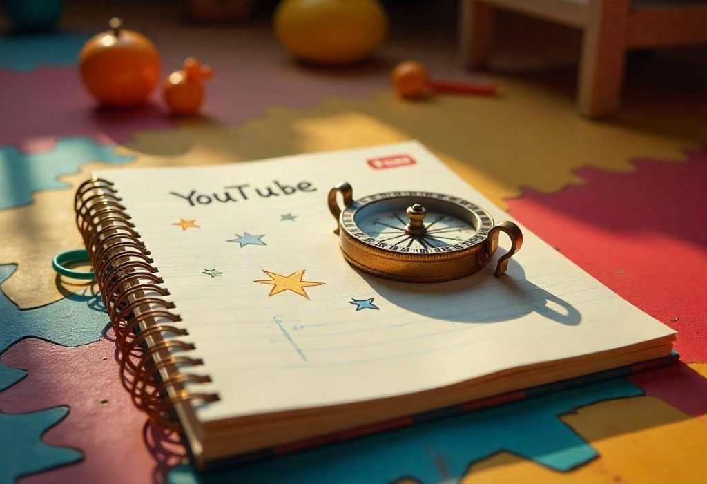 Cuaderno con la palabra YouTube y una brújula encima, simbolizando elección de caminos