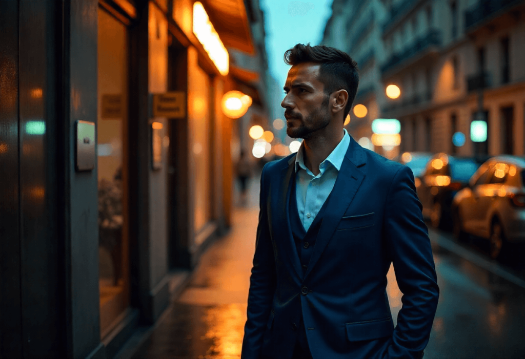 Hombre elegante caminando por una calle iluminada al anochecer, con expresión decidida, representando una elección consciente tras reflexionar sobre OffLesson.