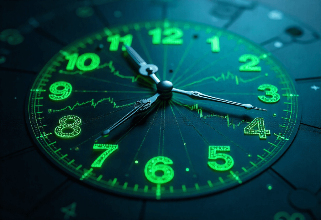 Reloj con datos digitales, representando el acceso flexible, duración y garantía del curso Elliott Traders.