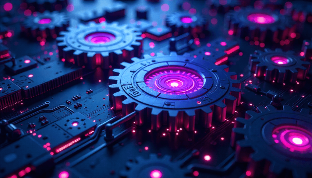 Escena futurista con engranajes digitales representando la automatización y la inteligencia artificia