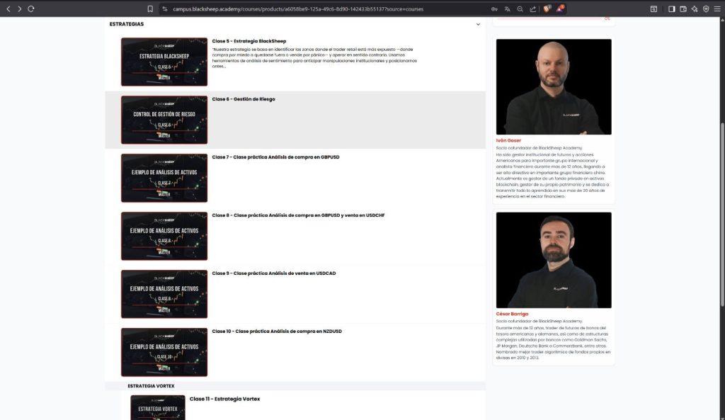 Vista del campus online de Black Sheep Academy con módulos de formación en trading profesional