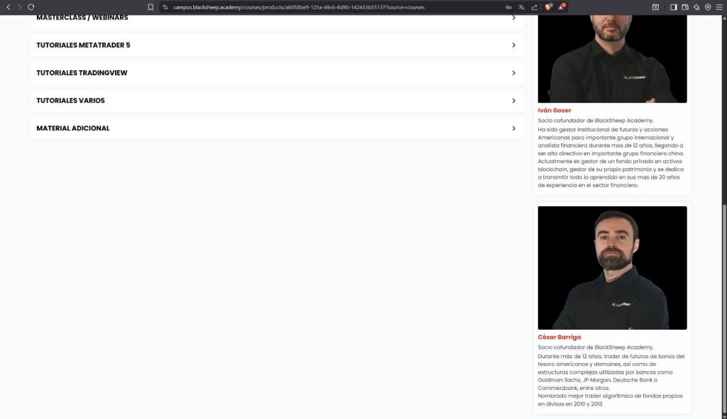 Interior de la plataforma de Black Sheep Academy mostrando las lecciones y contenidos prácticos de trading