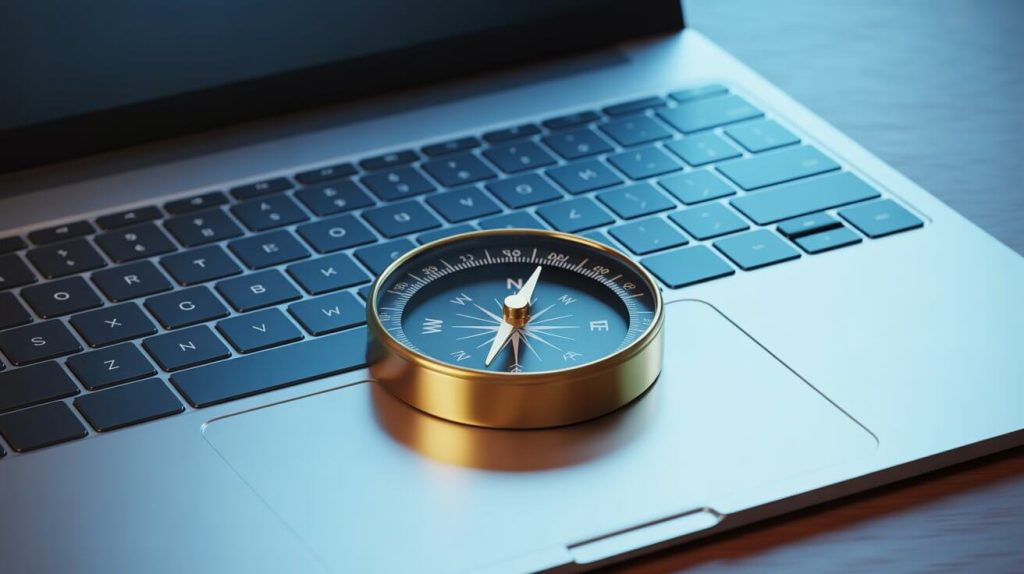 Brújula sobre un teclado como metáfora de orientación en SEO y estrategias para posicionar en Google.