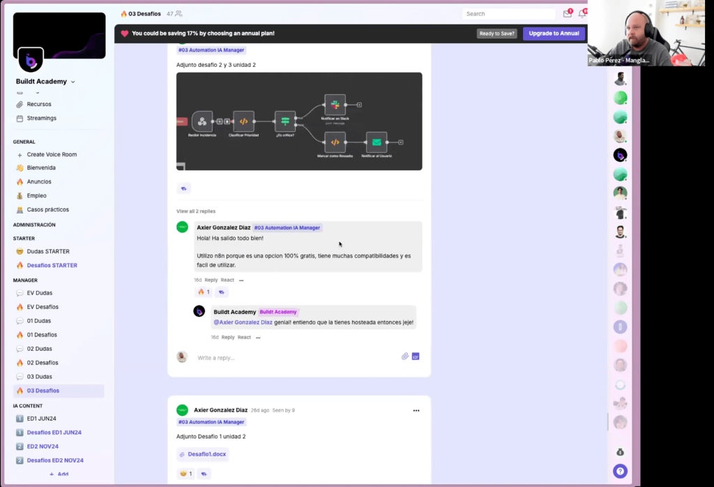 Comunidad de alumnos de Buildt Academy en Slack con soporte e interacción en directo