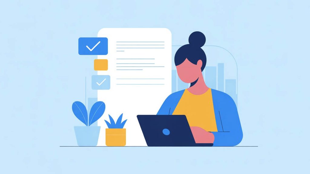 Persona revisando notas frente a un portátil con checklist de consejos prácticos de SEO en 2025.