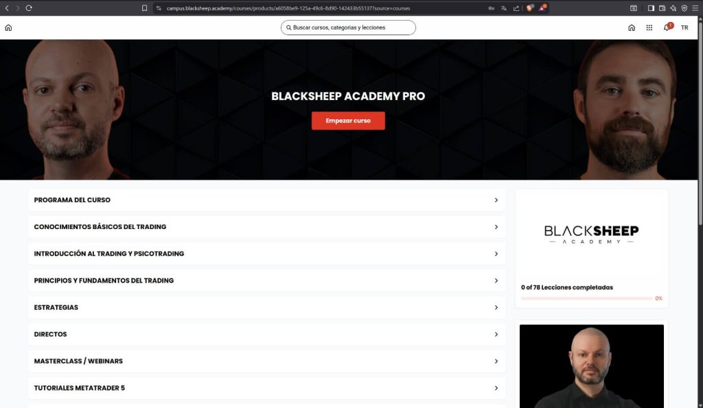 Aula virtual de Black Sheep Academy con acceso a clases y recursos para aprender trading