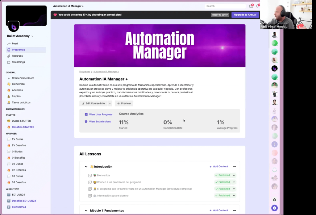 Dashboard principal de Buildt Academy con accesos al curso Automation IA Manager