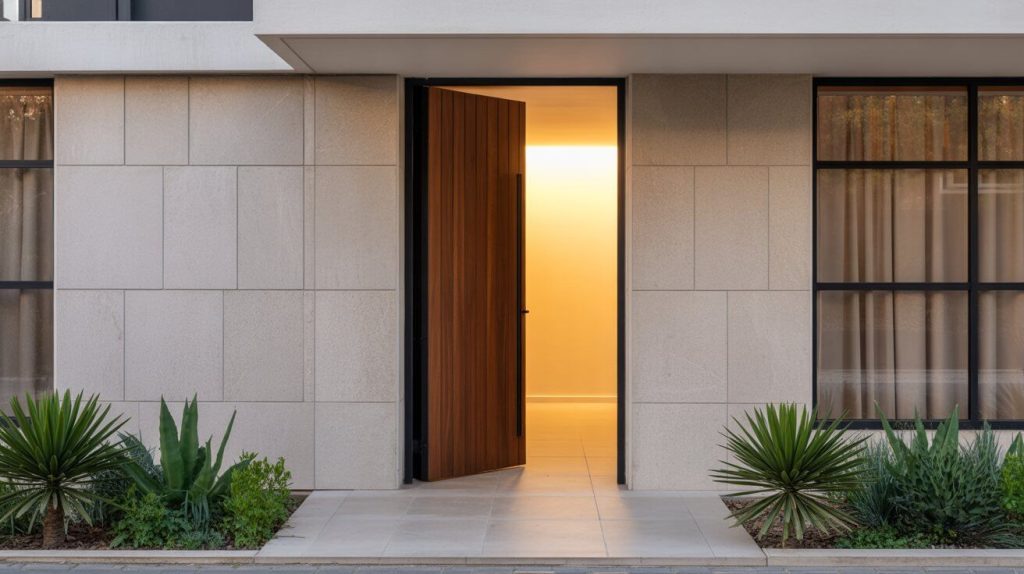 Entrada principal moderna de edificio residencial, puerta iluminada como símbolo de inicio en la inversión inmobiliaria