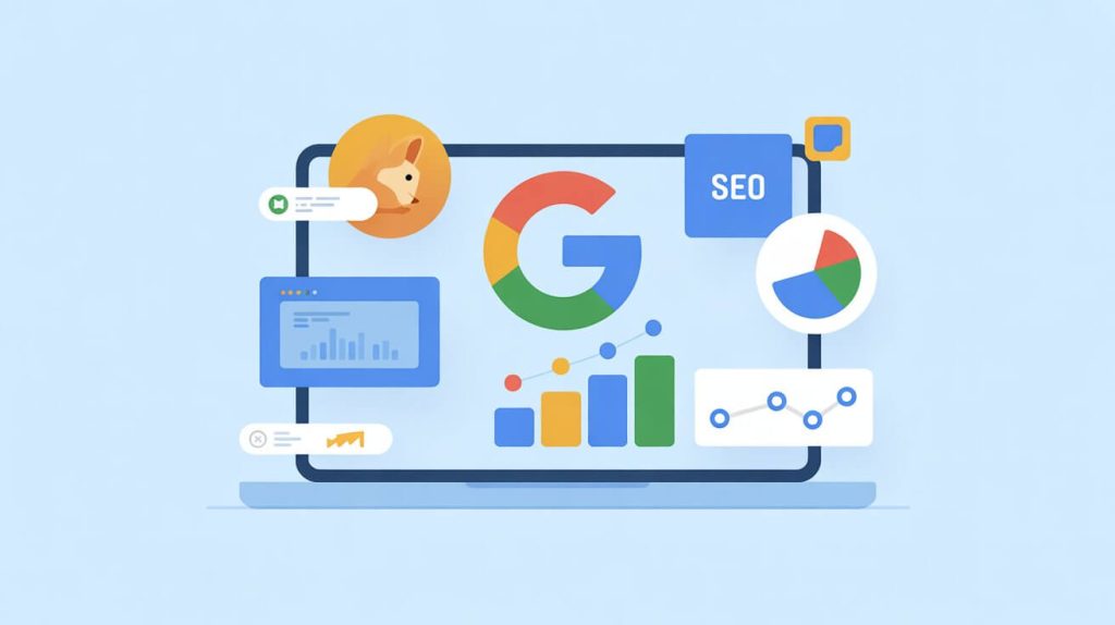 Ilustración moderna de ordenador con iconos de Google y SEO representando herramientas SEO en español.