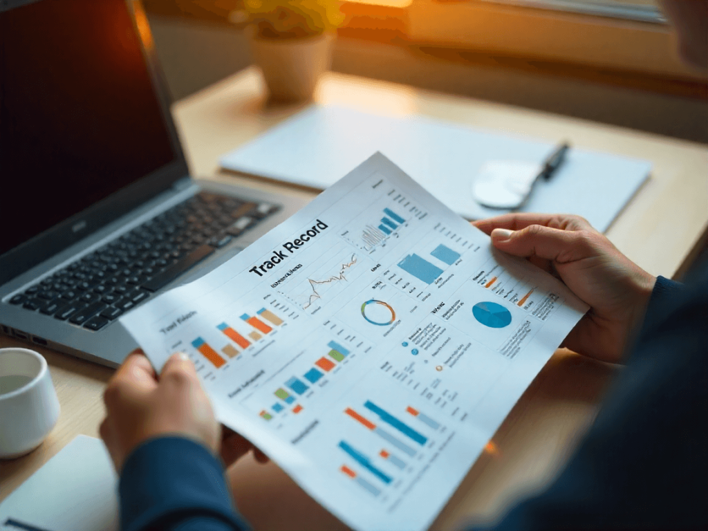 Primer plano de informe de track record auditado con gráficos y sellos de verificación