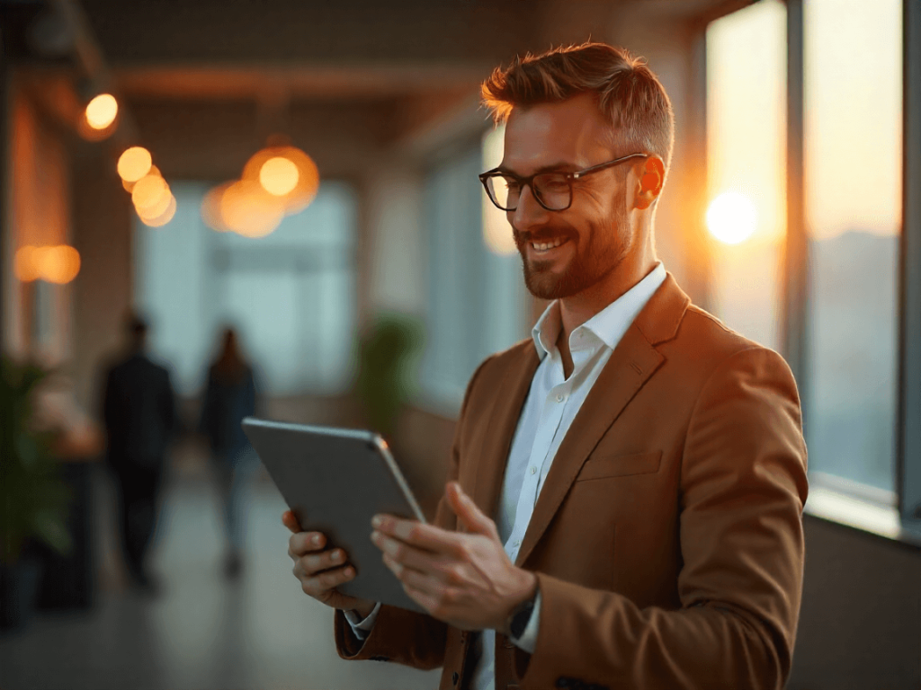 Inversor europeo exitoso sonriendo en entorno corporativo con móvil